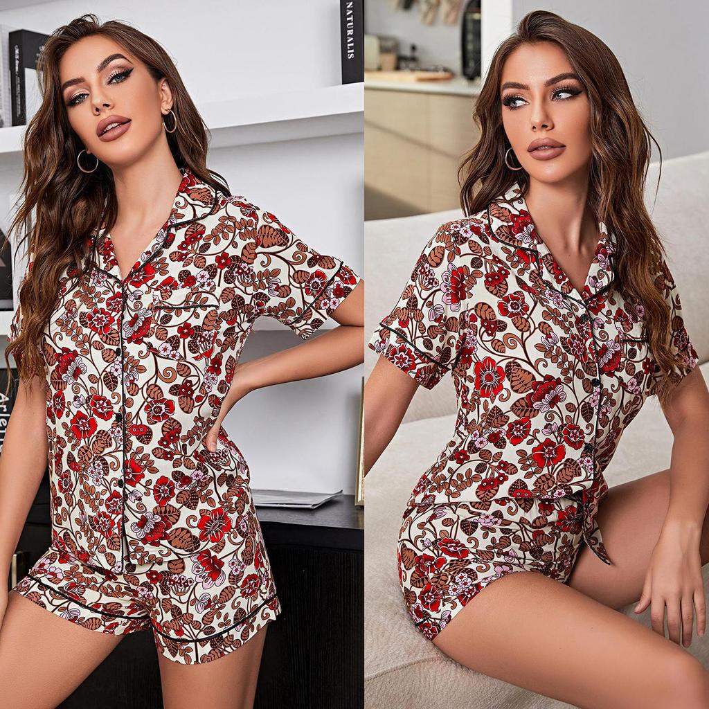 Women’s Sleeping Suits Rayon Printed Floral Shirts and Shorts 2 Pieces Pajama Set Comfy Night Sleep Lounge Wear Casual Home Clothing