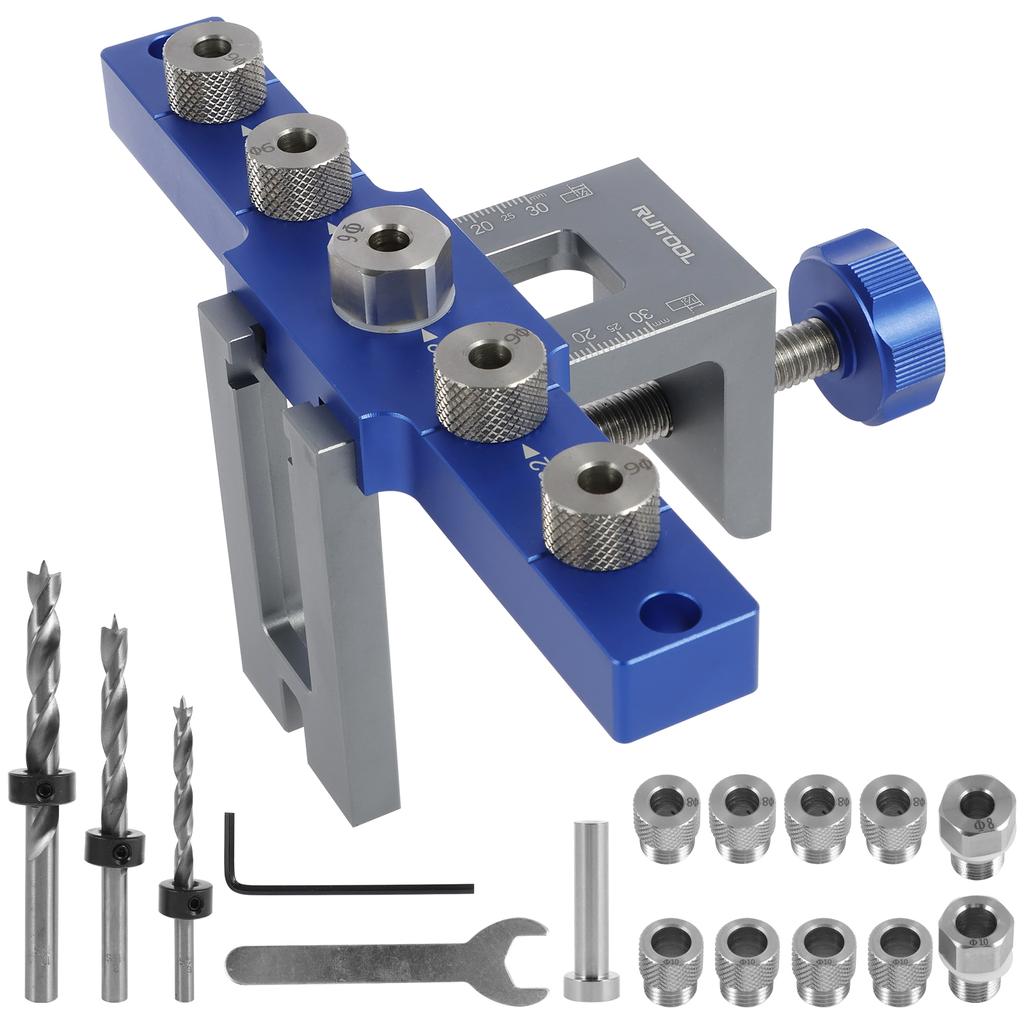 Upgraded Doweling Jig Kit Adjustable Woodworking Punch Locator Aluminum Pocket Hole Jig with 3 Drill Bit for Panel Furniture