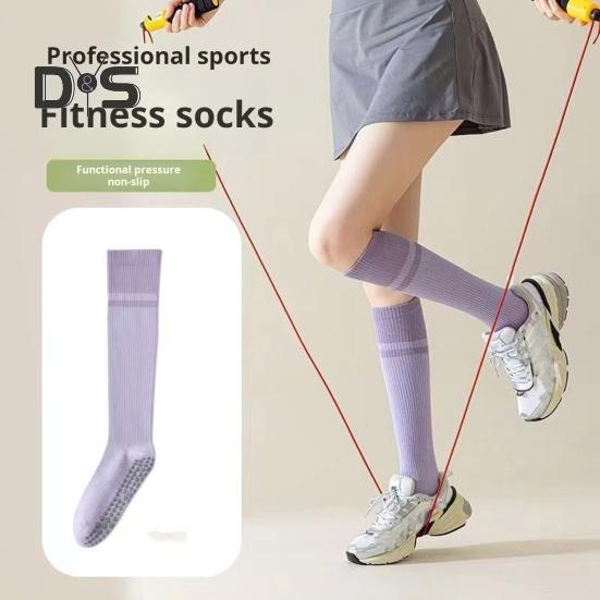 1 Pair Women Sport Stockings Elastic Cycling Knee Socks Anti-slip Arch Support Silicone Bottom Contrast Color Stockings for Yoga Pilates Dance