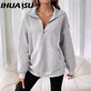 Autumn and Winter Fashion Zipper Lapel Solid Color Casual T Women's Hoodie