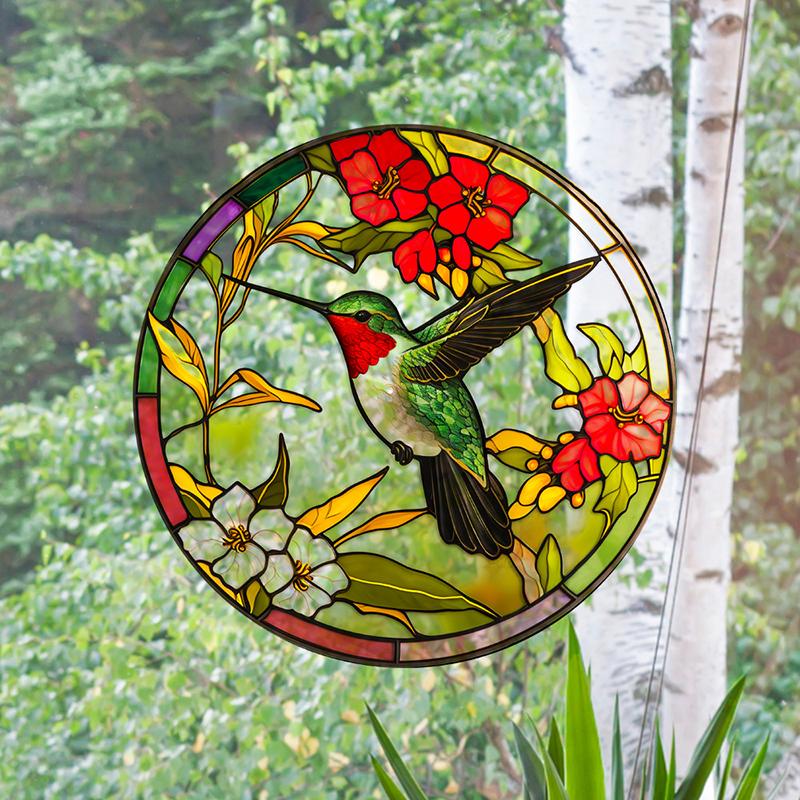 Retro Stained Hummingbird Butterfly Flower Film Window Glass Electrostatic Stickers Colorful