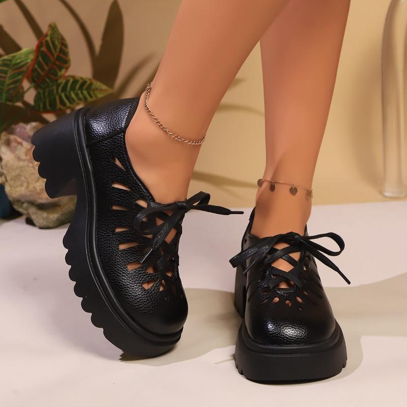 Platform Cut-Out High Heel Lace-Up Small Leather Shoes Women's Round Toe Shallow Mouth Platform Block Heel Loafers