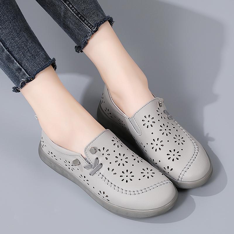 35-41 Women's Large Breathable Fashion Flat Leather Shoes with Hollow Out Shoes White Shoes Lefu Shoes