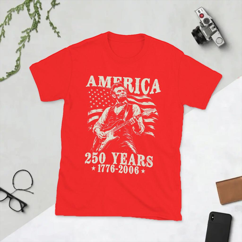Abraham Lincoln Playing Guitar 4th July 250th Anniversary Unisex T Shirt Vintage Tees Short Sleeve TShirts Pure Cotton Clothing