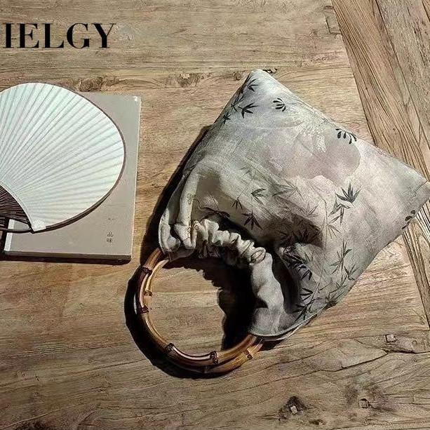 IELGY New Chinese Meilan Bamboo Chrysanthemum Original Pottery Brown Bamboo Bag, Hand Carrying National Style with Cheongsam