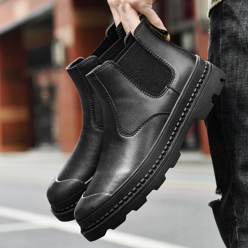 Men's Plus Size Chelsea Martin Boots: High-Top Leather Short Boots with Velvet Lining for Outdoor Wear.