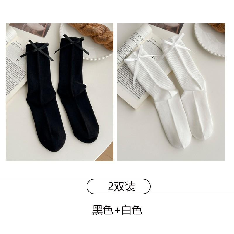 Womens Cotton Mid-Calf Socks With Bow Detail Japanese Style Ribbed Crew Soft Breathable Stackable Teens Young Adults