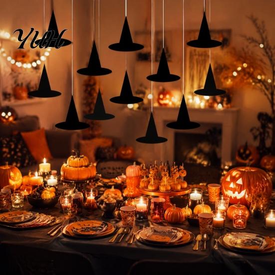 Decorative Hanging Paper Ornaments 12Pcs Halloween Witch Hat Ornaments, Banner Decorations, Props for Spooky Party Ceiling Drop Decor Home Window