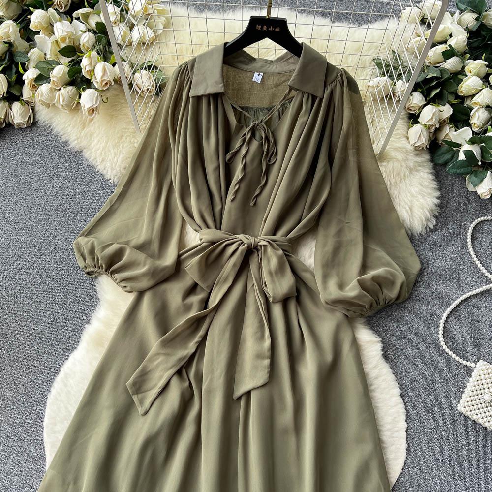 Французские шикарные платья макси для женщин с отложным воротником и рукавами-фонариками, женское летнее платье на шнуровке, женское летнее платье трапециевидной формы, Прямая поставка