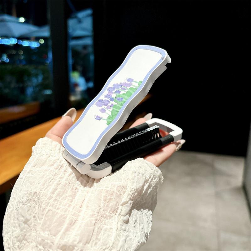 Печать Тюльпан Складная Расческа-подушка безопасности Портативная Портативная Массажная расческа-подушка безопасности Женская Специальная Расческа 2-в-1 с зеркалом для макияжа