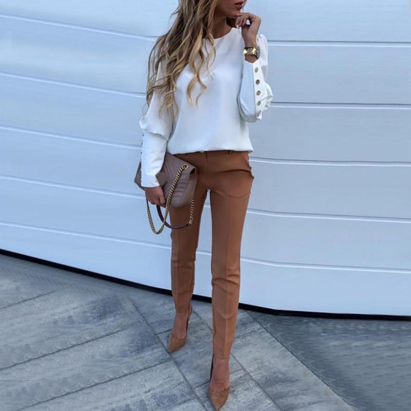 Женская блузка с пышными рукавами и пуговицами, рубашка с длинными рукавами, топы, блузка с круглым вырезом, повседневная уличная одежда, осень KTB