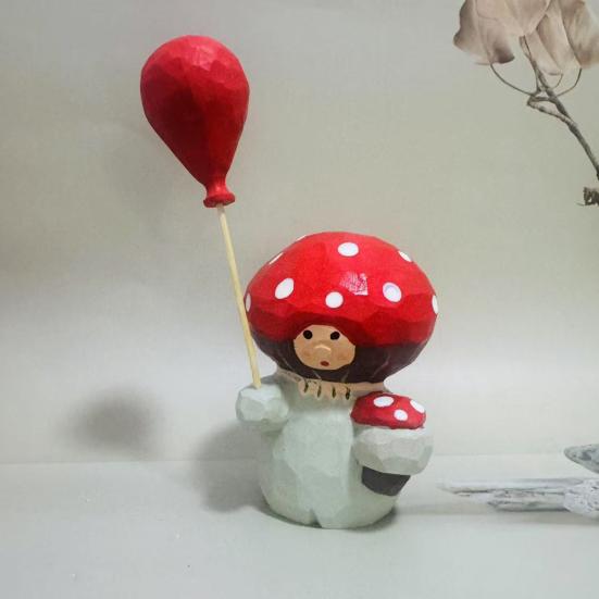 Wooden Mushroom Figurine Hand-Carved Mushroom Elf Holding A Balloon Rustic Tabletop Mushroom Decoration for Home Office Desk Shelf