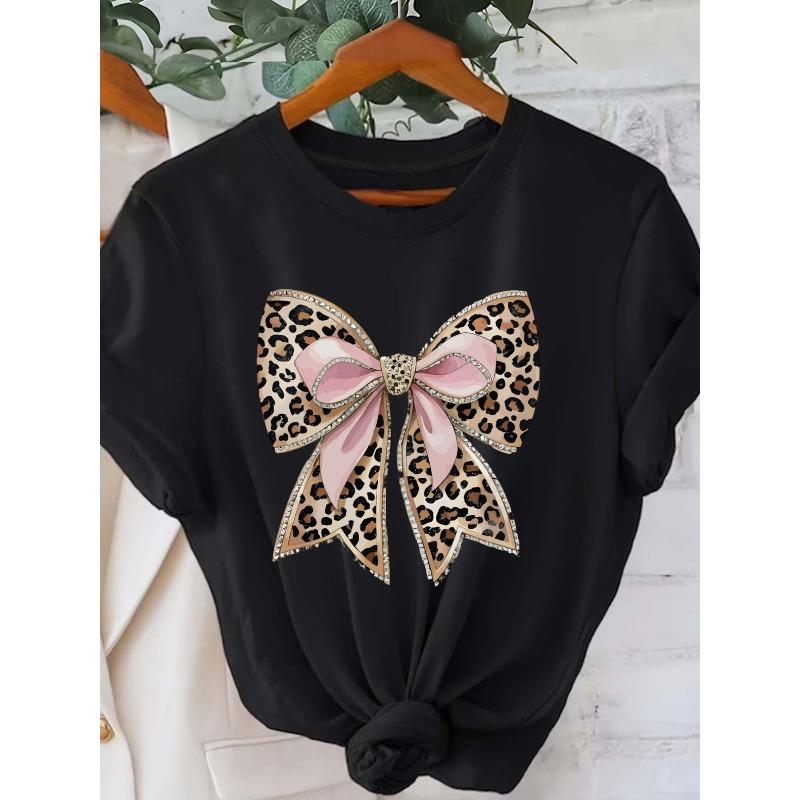 Женская футболка с леопардовым принтом и бантом, европейский размер - Белый топ с розовыми акцентами, Повседневная модная футболка, Модный топ