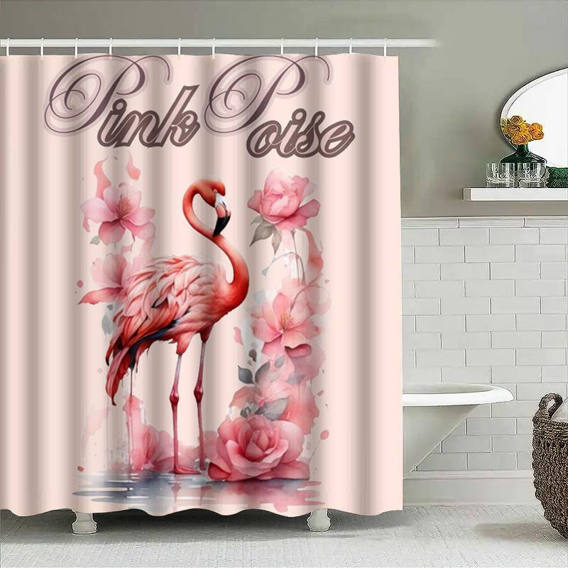 Pink Feather Bath Rug Mat Watercolor Birds Bathroom Decor Shower Curtain with Rod Set Waterproof Pink Floral