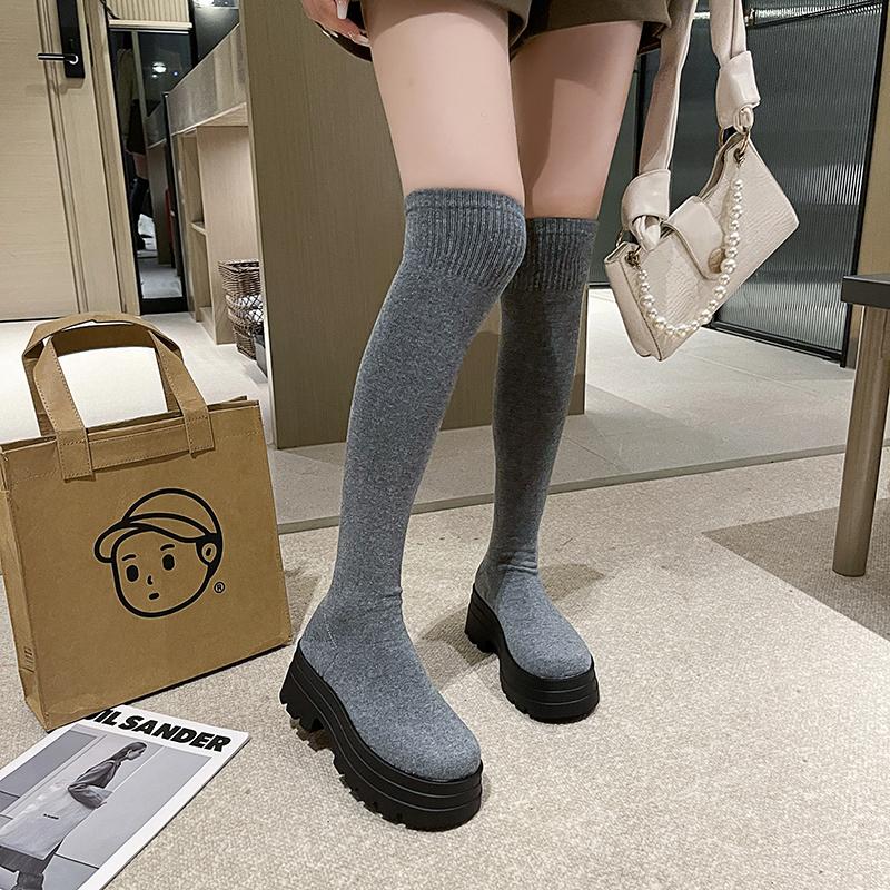 Мода осень зима женские сапоги выше колена на платформе женские эластичные вязаные носки длинные сапоги туфли на толстой подошве для женщин