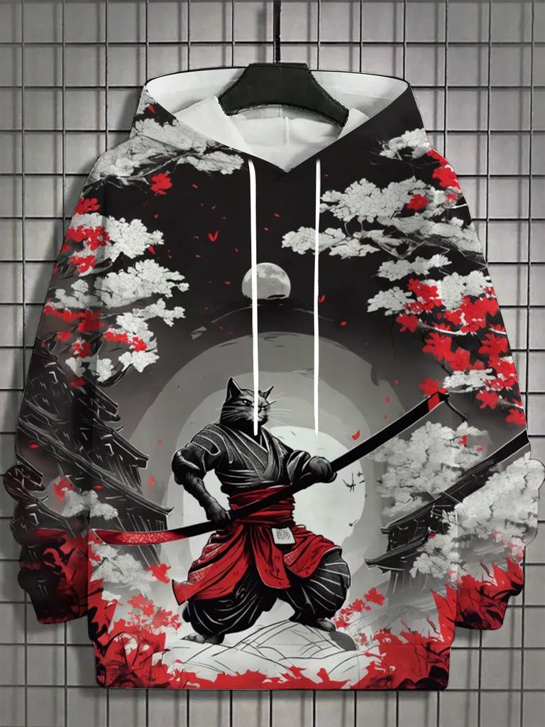 Осень и зима Новая мужская толстовка с капюшоном с 3D принтом во весь рост и принтом японского самурая и котенка унисекс повседневная модная мужская толстовка с капюшоном