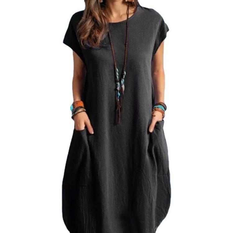 Women Casual Loose Dress European American Style Solid Color Cotton Linen Fabric Pocket Spring Summer