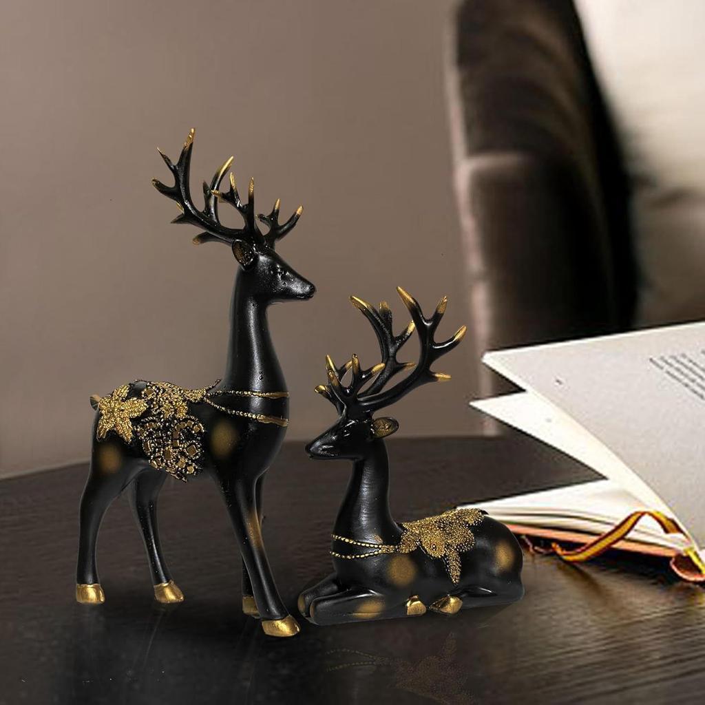 New Resin Golden and Black Reindeer Sculptures | Beautiful Home Decor | Lifts Up Energy of Your Room (Pack of 2, Black)