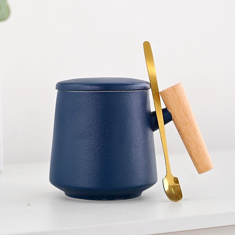 Ceramic Coffee Mug with Wooden Handle, Lid & Spoon, Gift Set for Office & Home