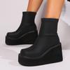 Women Boots Autumn Winter Fashion Wedges Short Mid Boots Women Platform Sexy Black Round Head Elastic Boots Goth Shoes for Women