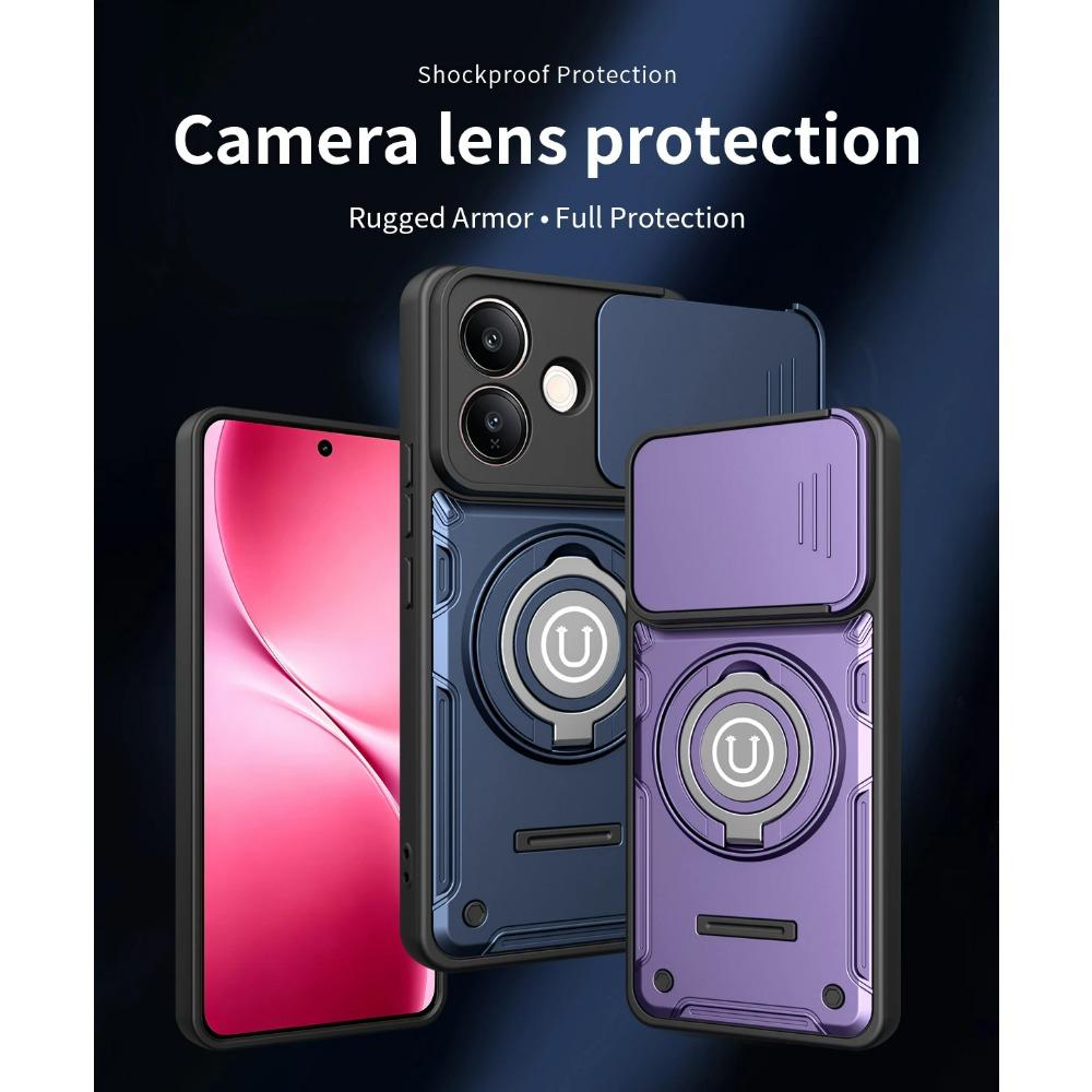 Ударопрочный чехол-броня для VIVO V60 Lite Защита выдвижной крышки камеры Металлическое кольцо-держатель Рамка из ТПУ Пластиковая крышка для телефона Fundas