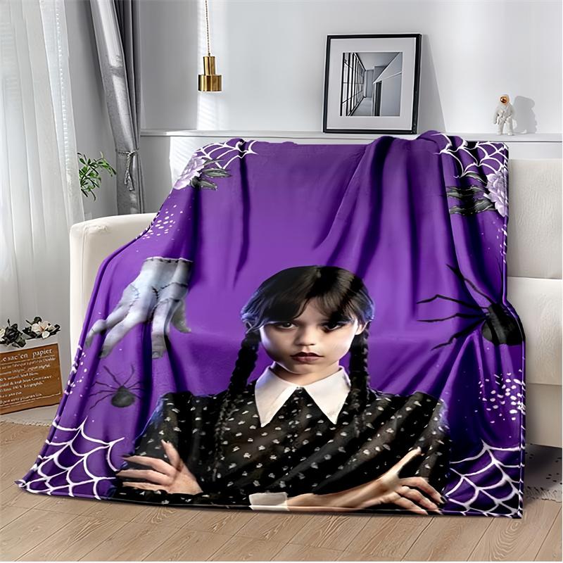Movie Wednesday Gothic Girl with Umbrella Print Flannel Blanket, Purple Background Throw Blanket