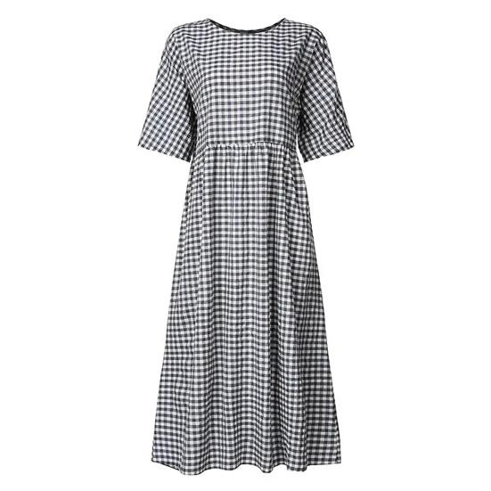 Summer Women Dress O Neck Check Print A-line Big Hem Short Sleeves Pleated Loose Pullover Commute Dating Maxi Dress Daily Long Dress