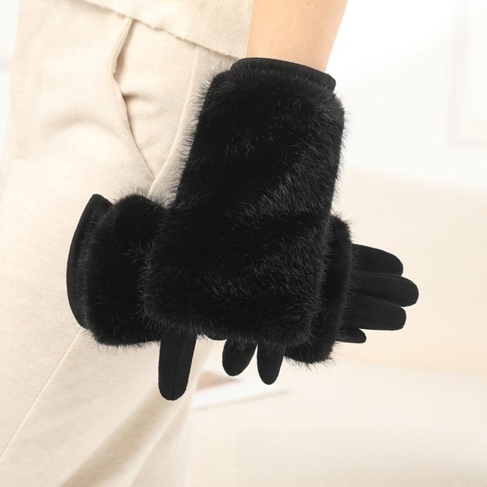 Solid Color Suede Gloves Rabbit Faux Fur Thermal Mittens Fashion Women Winter Gloves  Ladies