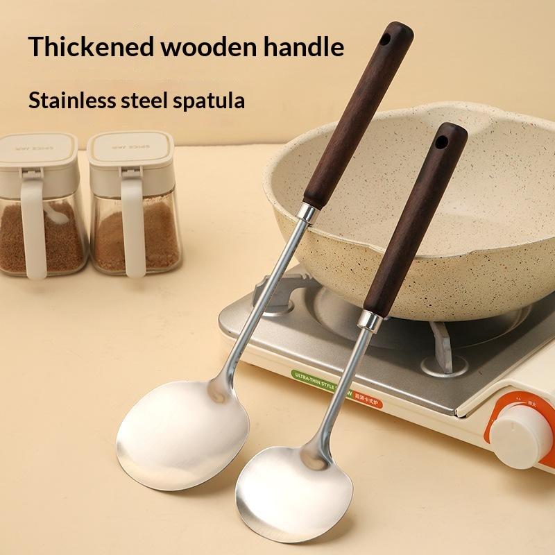 Stainless Steel Cooking Utensil Ergonomic Non-slip Wooden Handle Food Safe Cookware for Home Kitchen Student Dorm Use
