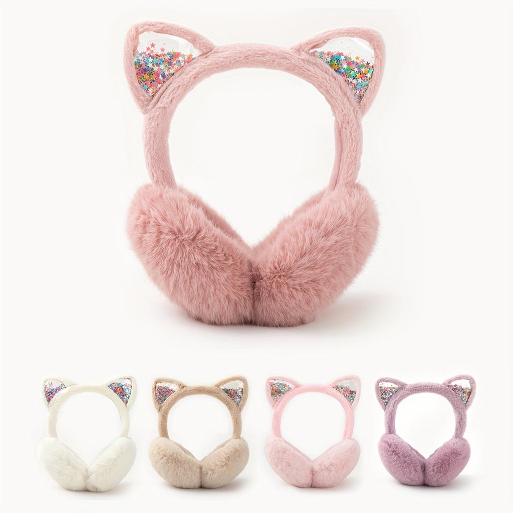 Cute Cat Ear Earmuffs for Teen Girls - Foldable Winter Ear Warmers, Sparkle Sequin Design, Solid Color, Polyester, Suitable for Ages 15+