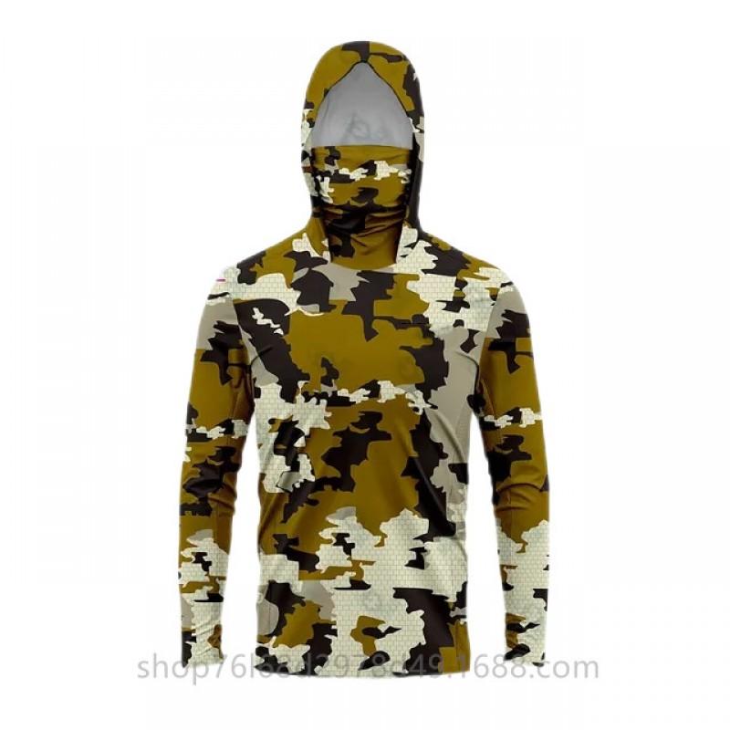 Mens Ice Silk Long Sleeve Fishing Shirt With Integrated Camo Face Cover Hood UPF50 Sun Protection Lightweight Quick Dry