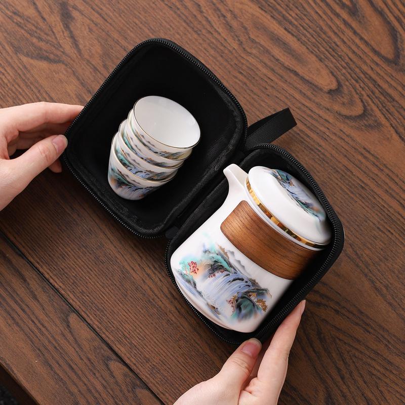 Suet Jade Kuaike Cup One Pot Four Cups Portable Bag Travel Tea Set Outdoor Tea Cup Hand Grab Pot Portable