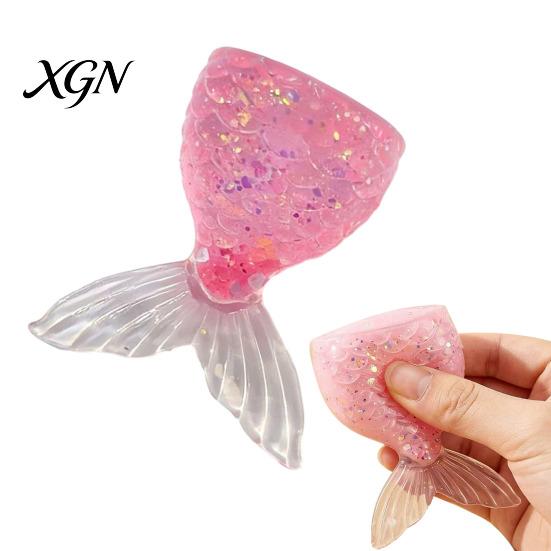 Stress Relief Hand Toy Transparent Fish Tail Squeeze Glitter Simulated Fishtail Anxiety Sensory Slow Rising Ball Decompression Gadgets Relaxation Desk