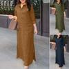Осенне-летнее женское платье с отложным воротником, свободное однотонное платье с длинными рукавами, большие размеры, повседневное платье макси с боковым разрезом