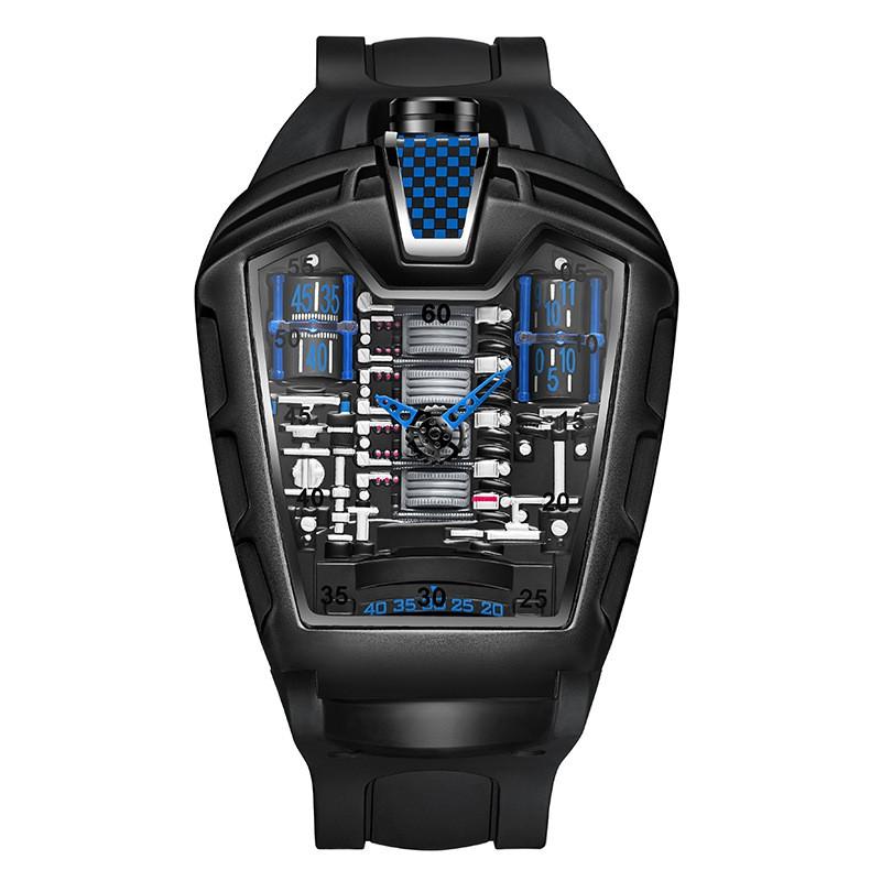 Mens Fashion Quartz Watch With Engine Decor Design 46mm Round Alloy Case Silicone Strap Mineral Glass