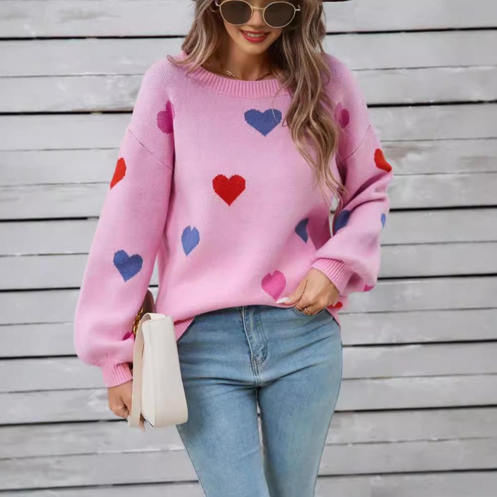 Winter Women's Sweater Love Valentine's Day Round Neck Pullover Peach Heart Sweater