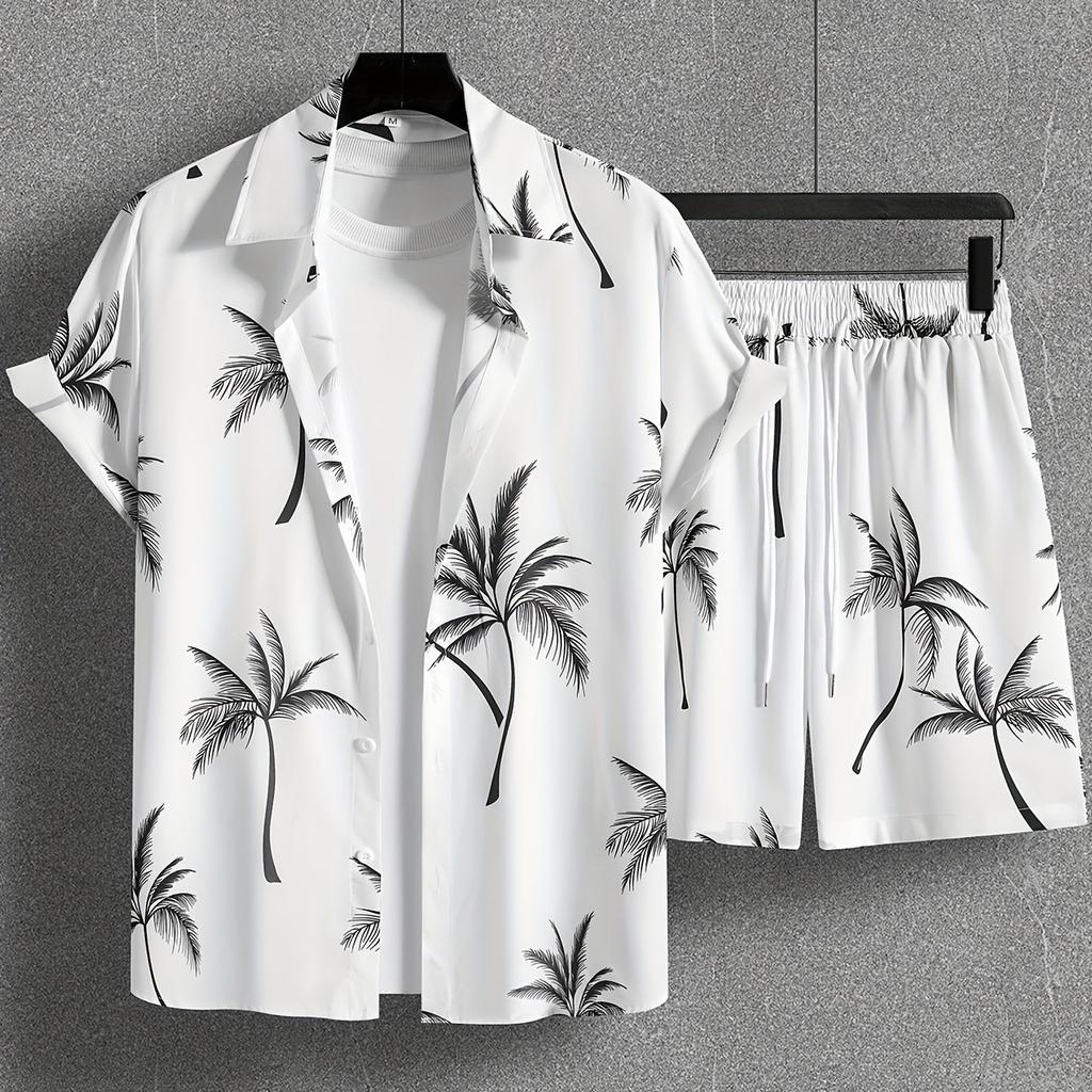 Coconut Tree Print Men's Short-sleeved Shirt And Beach Shorts Set Summer Everyday Men's Casual Shirt And Beach Pants