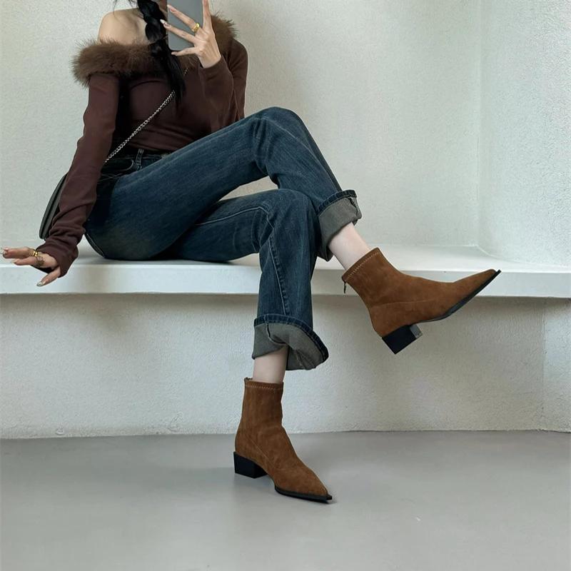 Дизайнерские женские ботильоны, модные, с острым носком, короткие, женские, повседневные, на толстом каблуке