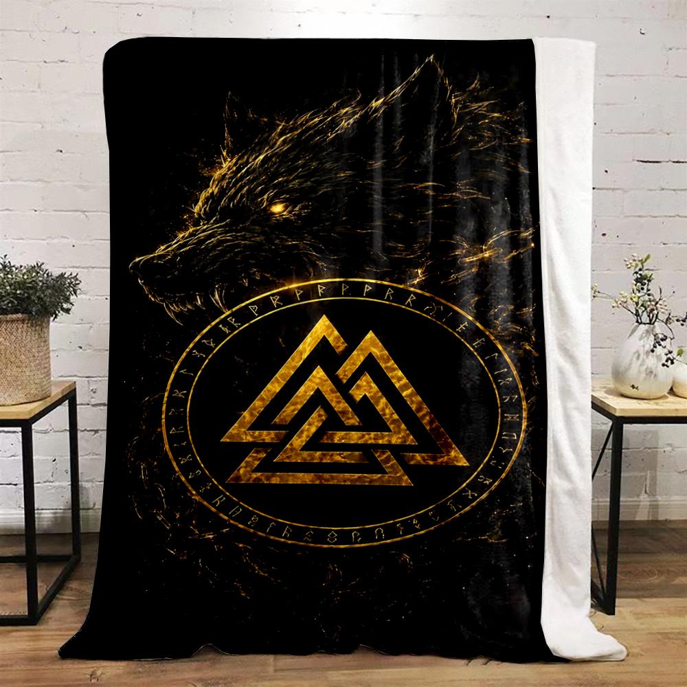 Golden Wolf With Nordic Valknut Symbol printed Flannel blanket for bedroom, living room, sofa, and nap