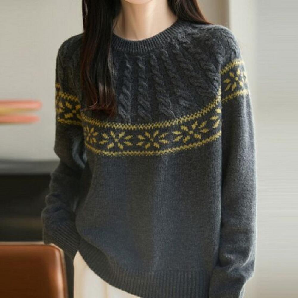 Navava Men Soft Cable Jacquard Pattern Round Neck Long Sleeve Knit Nk3574
