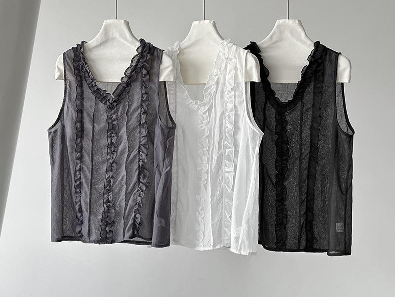 Tachibana summer new Korean lace vest with wooden ear edge sleeveless top loose V-neck T-shirt 99117 wooden ear edge
