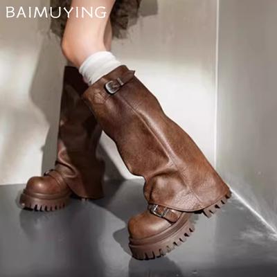Женские высокие сапоги на массивной платформе, модные дизайнерские кожаные туфли на среднем каблуке 2025 года, зимние высокие оксфорды до колена, мотоциклетные ботинки Mujer