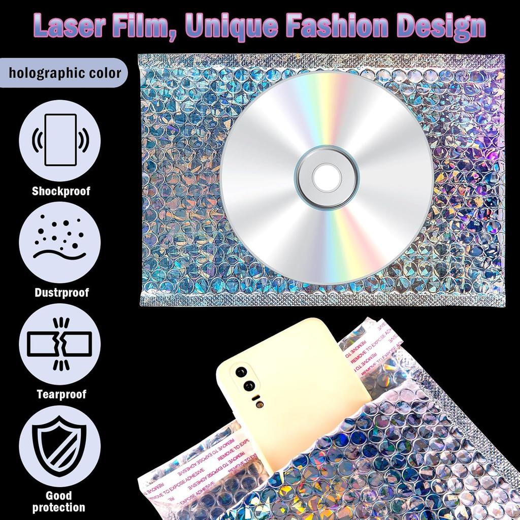 Holographic Bubble Mailers,30 Pcs Metallic Bubble Mailers,6.5 x 9 Inch Poly Padded Envelopes,Waterproof Self Sealing Cushion Envelopes for Mailing