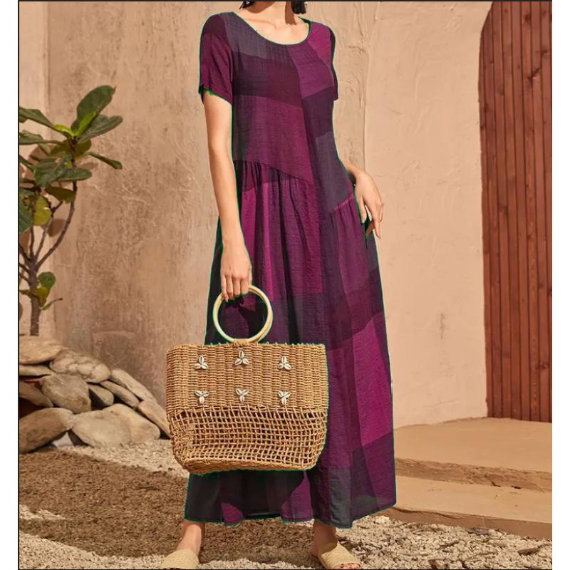 Женское макси-платье, летнее, с коротким рукавом, круглым вырезом, пэчворком, контрастным свободным подолом, плиссированным А-силуэтом, длиной до щиколотки, платье больших размеров