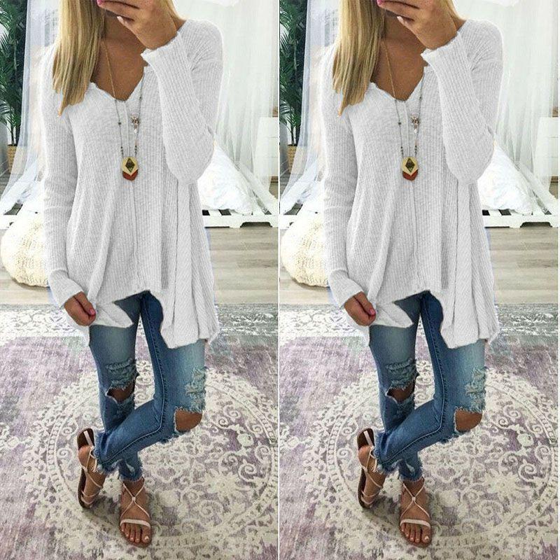 Элегантная женская блузка большого размера с длинным рукавом, свободного кроя, с мешковатым V-образным вырезом, туника, футболка