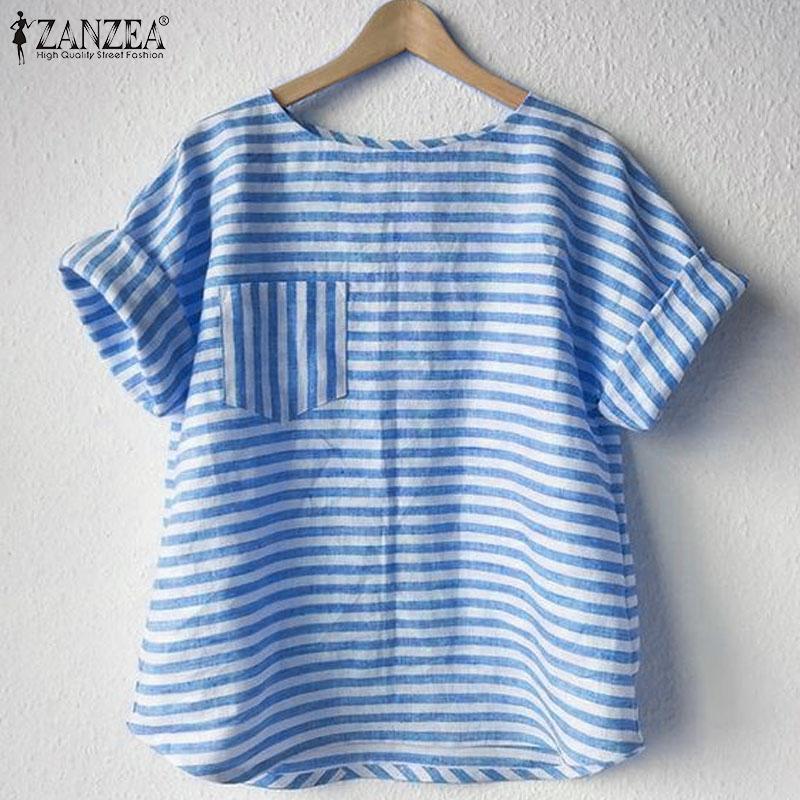 ZANZEA Женский летний топ с круглым вырезом, короткими рукавами и контрастными полосками и передним карманом