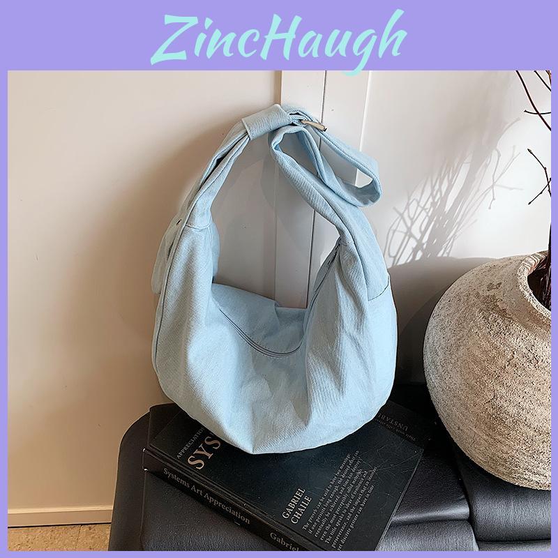 Minimalist Urban Denim Tote With Solid Color Dumpling Shaped Design For Students