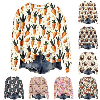 Женская мода Пасха Печатный Длинный рукав Свободный круглый вырез Толстовка Топ