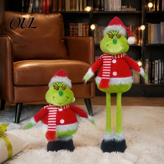 Fireplace Shelf Sitter Green Elf Christmas Plush Toy, Soft Stuffed Animal Doll with Toy Retractable Long Leg for Holiday Home Mantel Decor Polyester