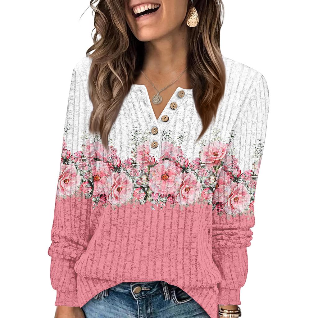 Женская модная футболка с V-образным вырезом на пуговицах и цветочным принтом, топ с длинными рукавами